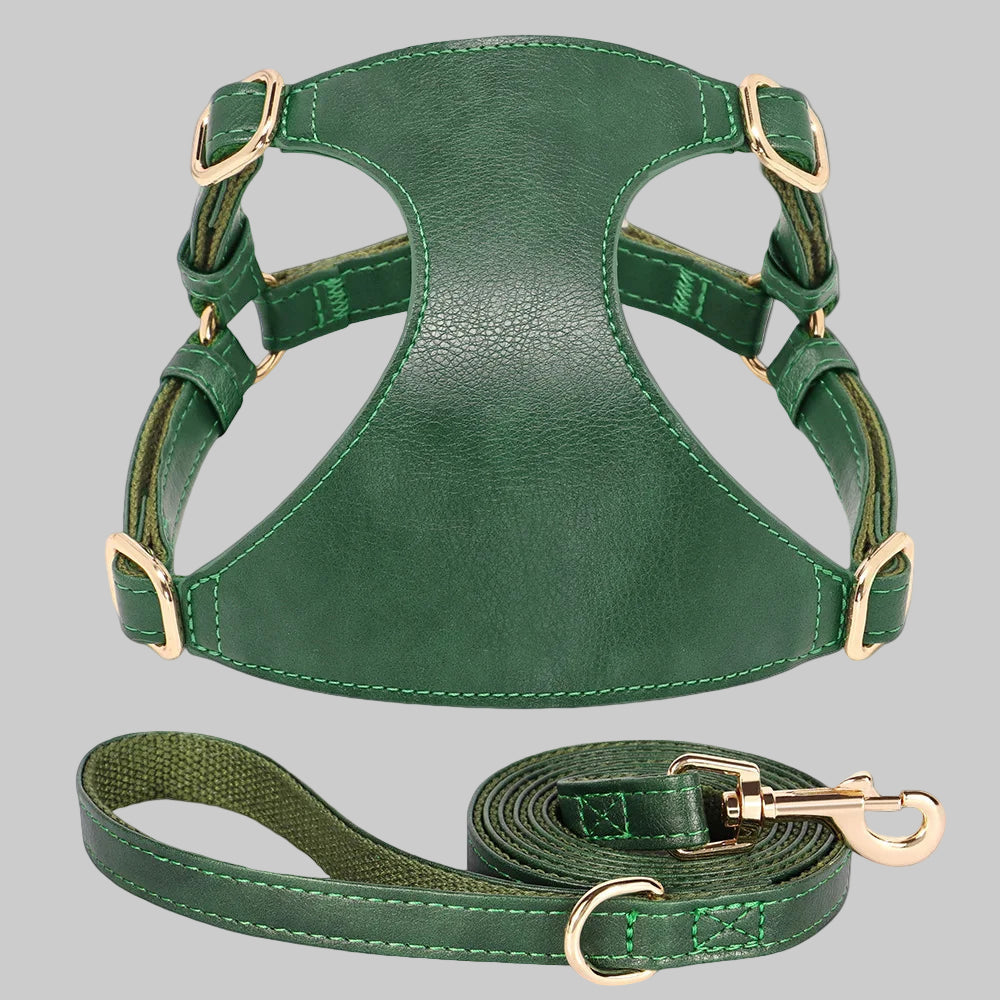 Soft Genuine Leather Dog Harness Leash Set Small Medium Dogs Cats Harness Vest For Chihuahua French Bulldog Walking Training Fashioned Furbabies