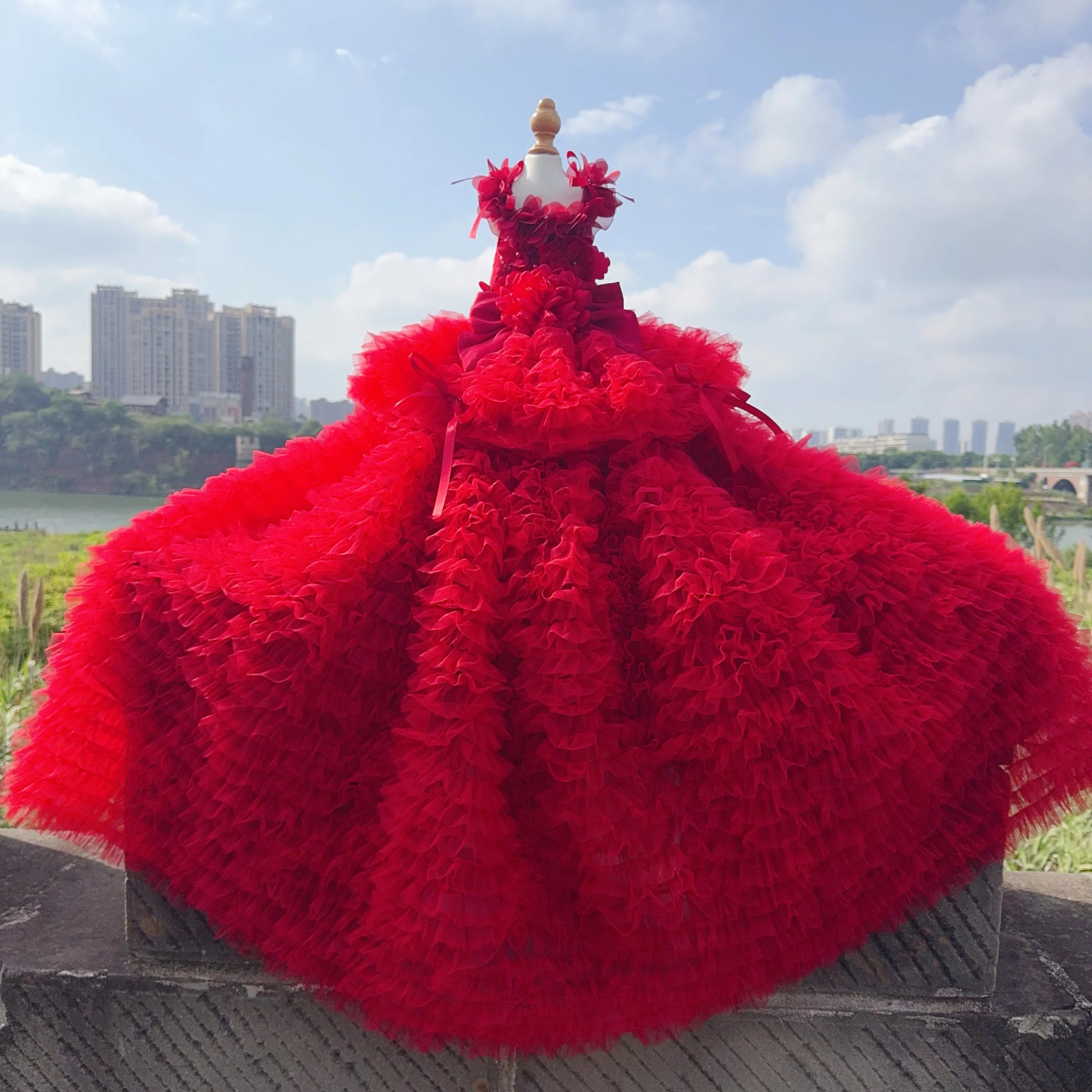 Fine Handmade Pet Dog Clothes Fashion Luxury Lace Flower Long Tail Cake Dresses For Small Medium Dog Wine Red Purple Puppy Dress Fashioned Furbabies