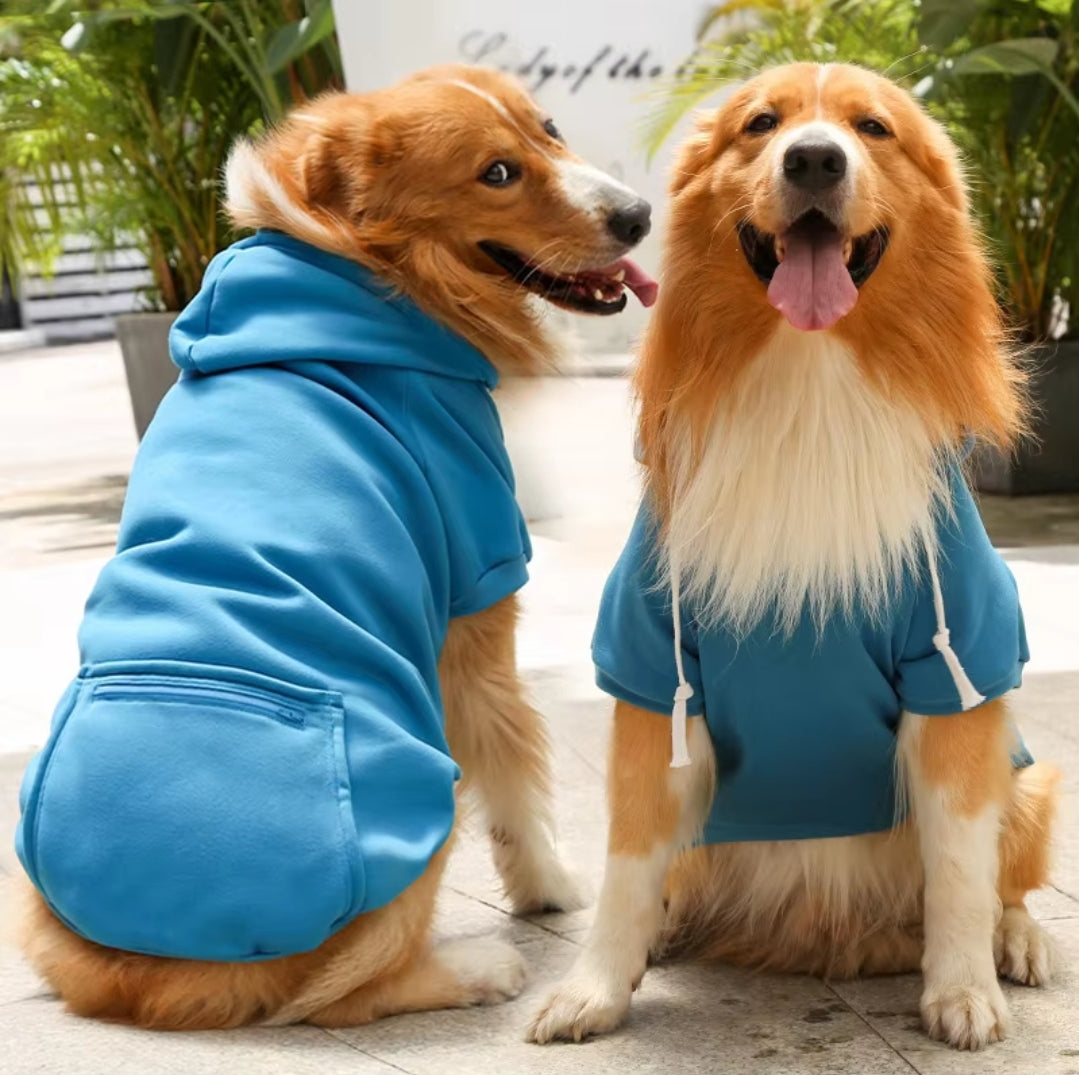 Dog hoodie 5x, fleece/poly with strings, zipper pocket aprox 60 to 80lb