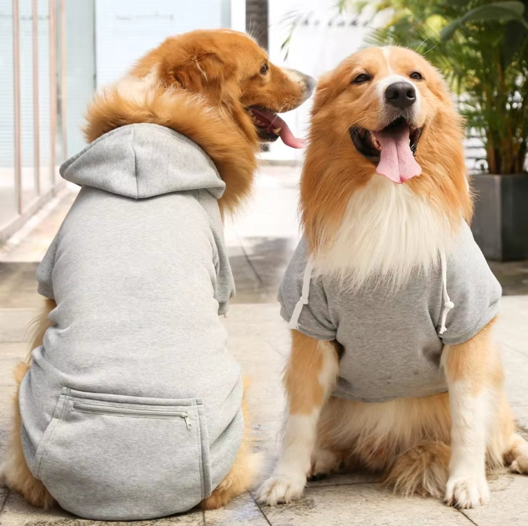 Dog hoodie 5x, fleece/poly with strings, zipper pocket aprox 60 to 80lb