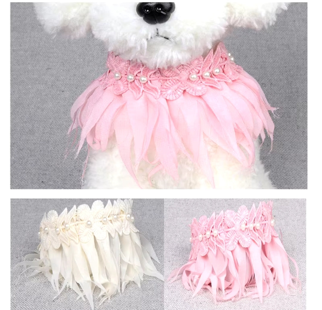 Dog feather with pearls collar/bandana.
Bougie princess. 10/13 in neck