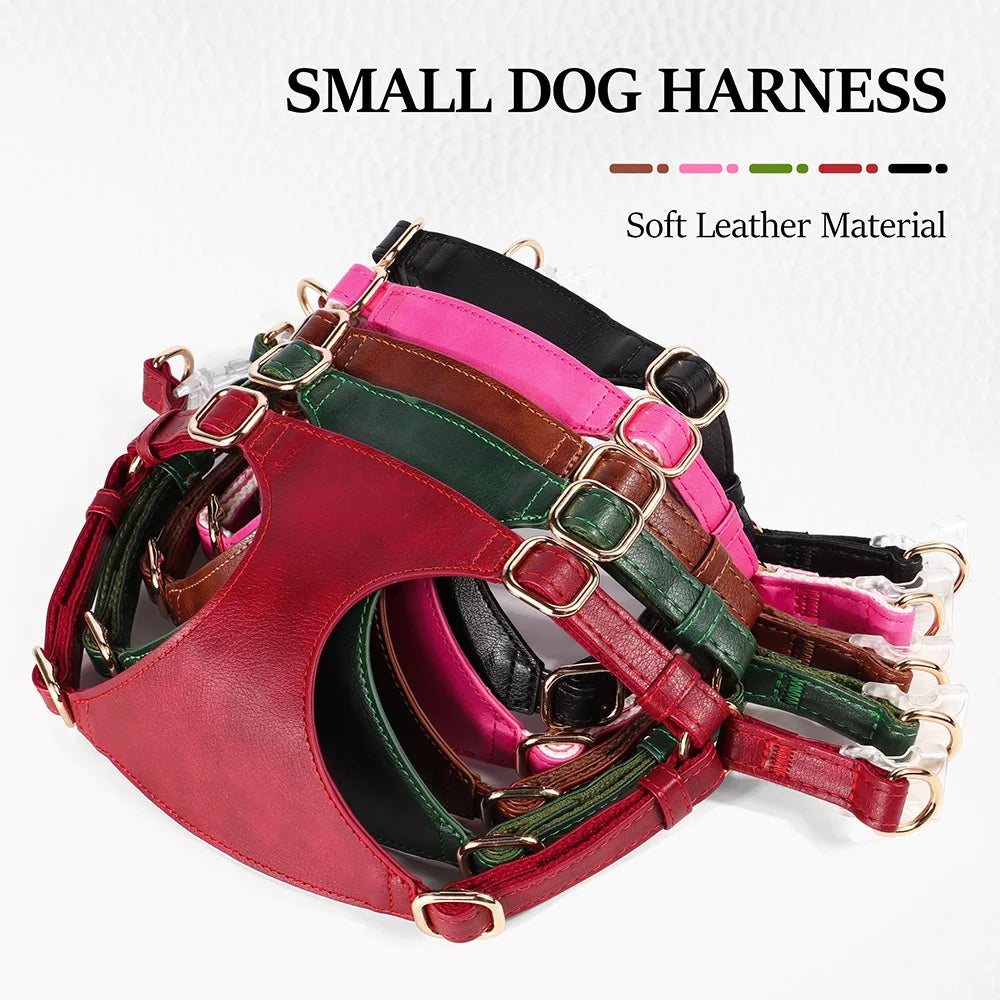 Soft Genuine Leather Dog Harness Leash Set Small Medium Dogs Cats Harness Vest For Chihuahua French Bulldog Walking Training Fashioned Furbabies