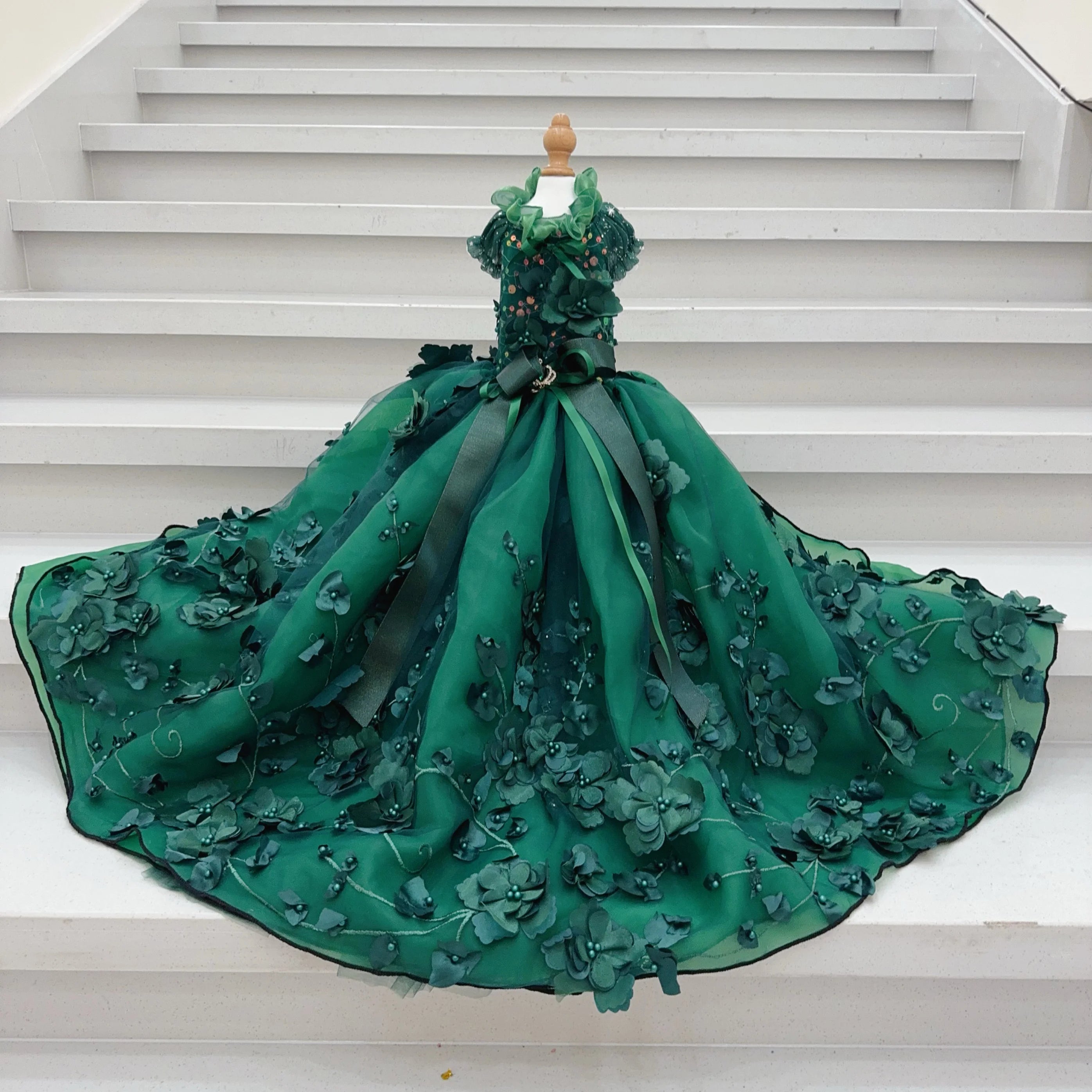 Luxury Blackish Green Pet Dog Clothes Fine Handmade Sequin Beads Flower Decor Long Tail Princess Dresses For Small Medium Dog Fashioned Furbabies