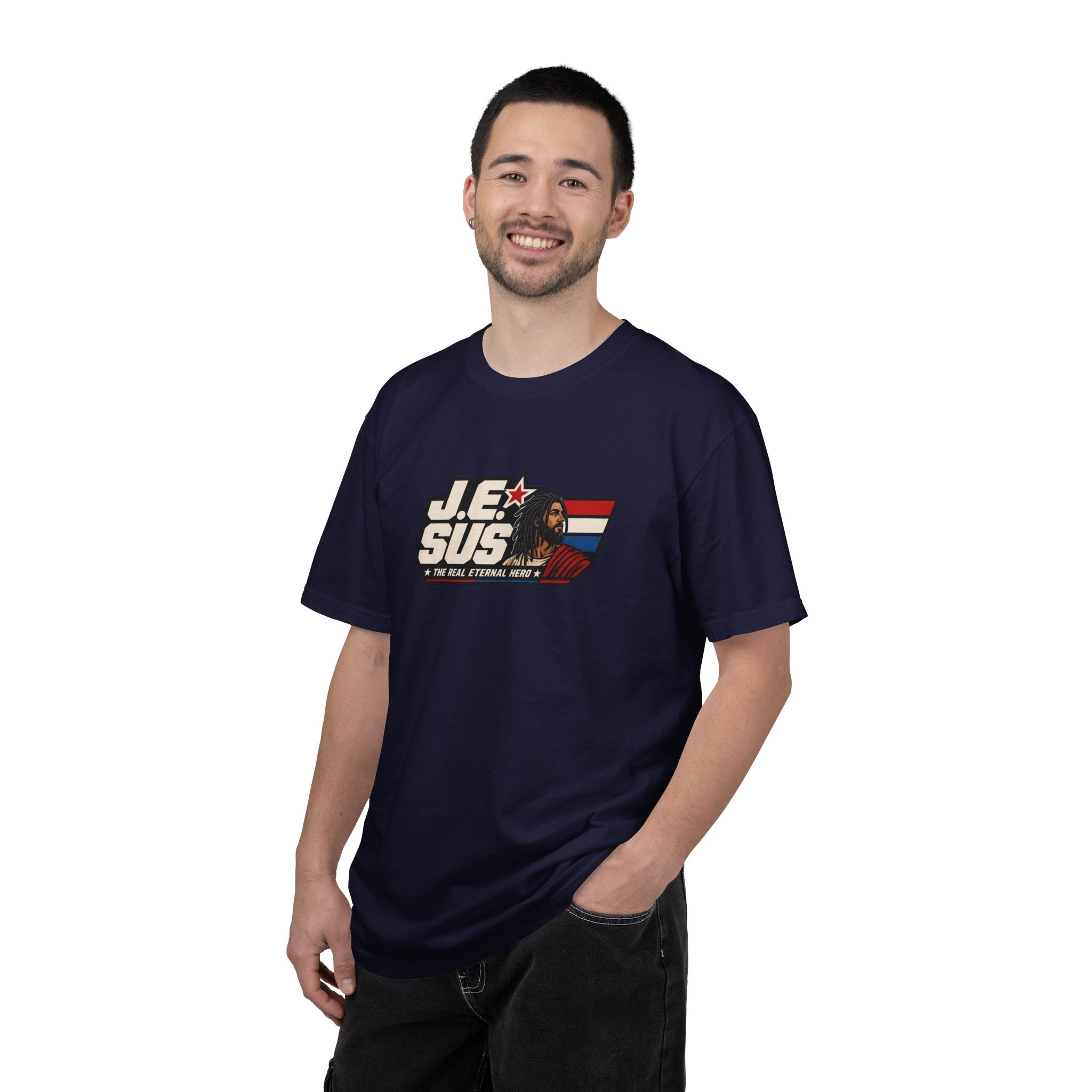 Jesus Retro Graphic T-Shirt — “J.E.SUS The Real Eternal Hero” Christian Vintage Tee