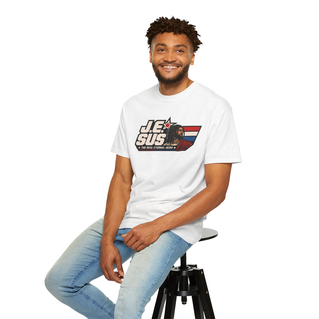 Jesus Retro Graphic T-Shirt — “J.E.SUS The Real Eternal Hero” Christian Vintage Tee