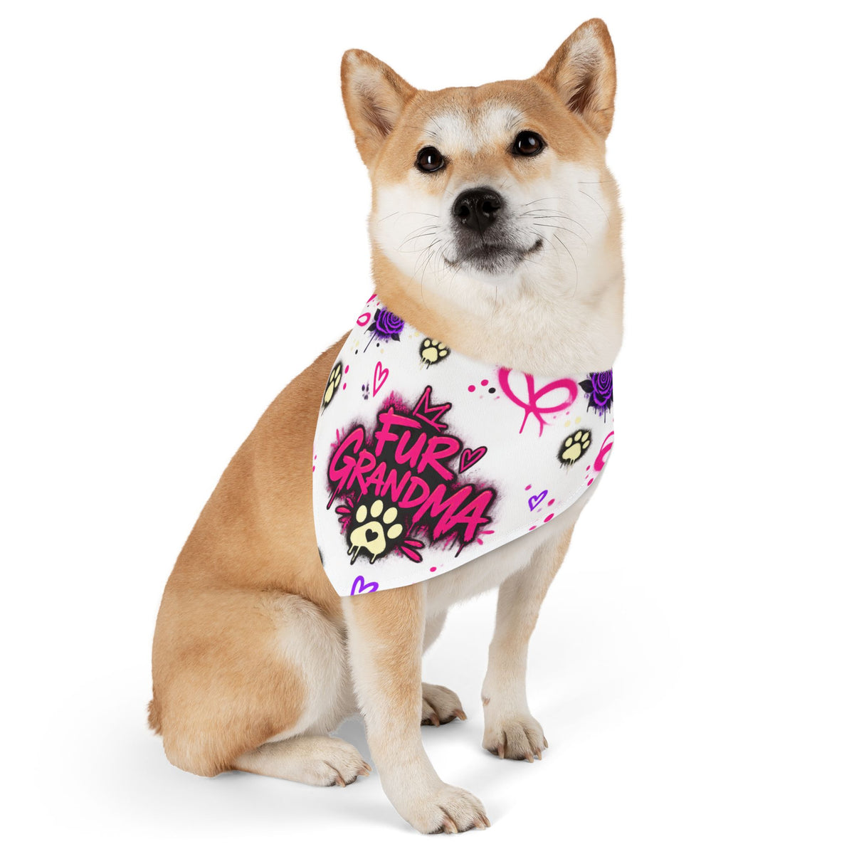 Pet Bandana Collar — “Fur Grandma” Paw Print Bandana Collar, Floral Pink & Purple Dog Scarf