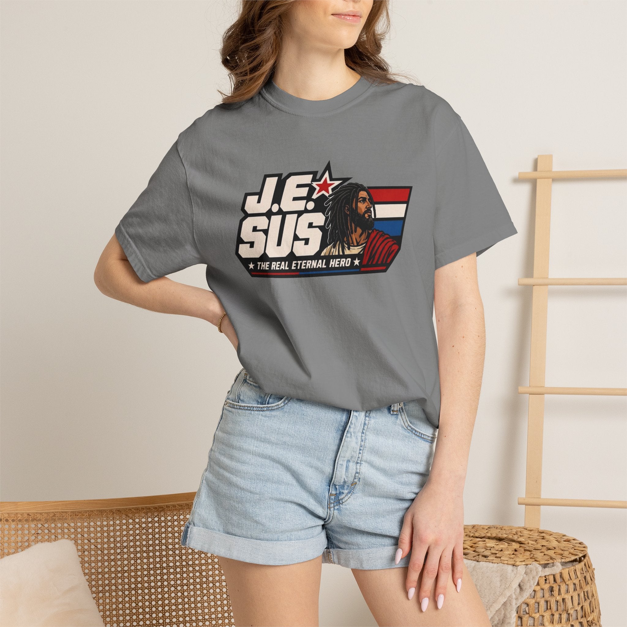 Jesus Retro Graphic T-Shirt — “J.E.SUS The Real Eternal Hero” Christian Vintage Tee
