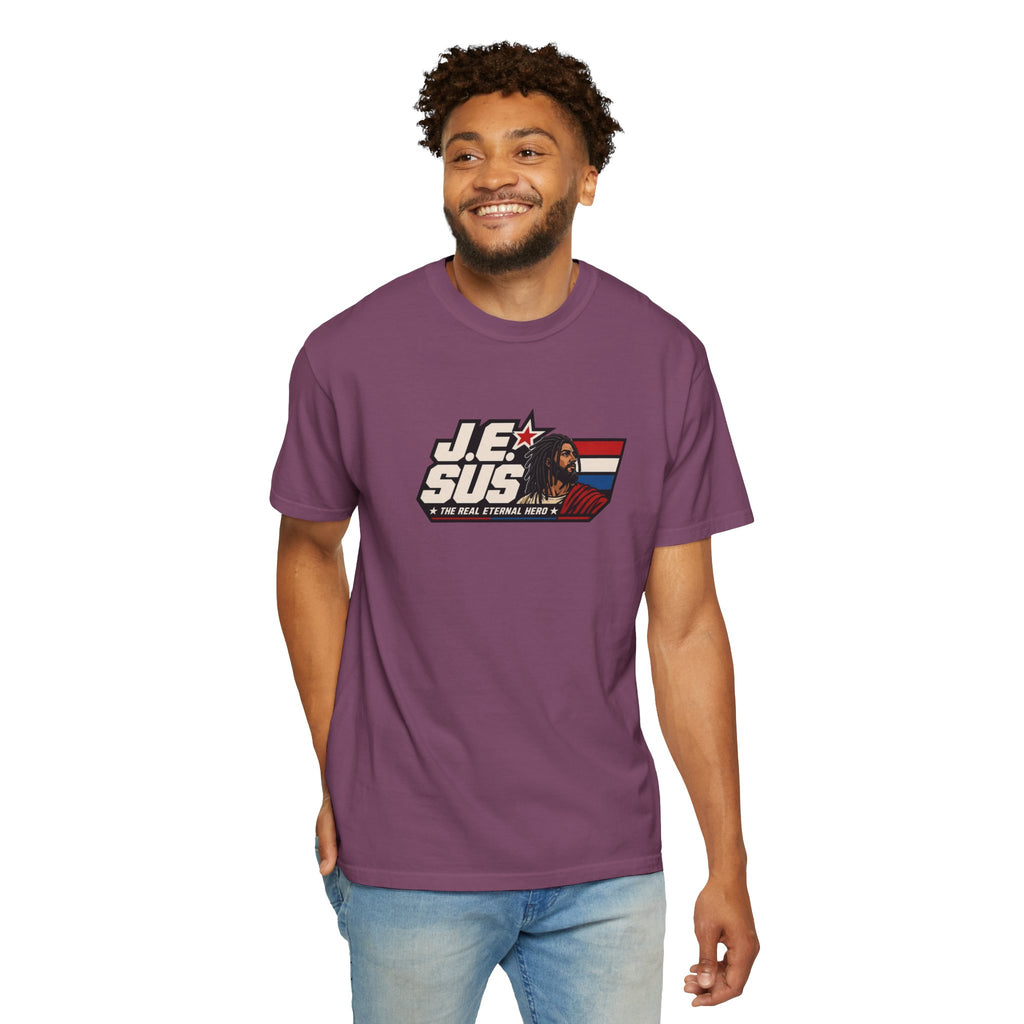 Jesus Retro Graphic T-Shirt — “J.E.SUS The Real Eternal Hero” Christian Vintage Tee