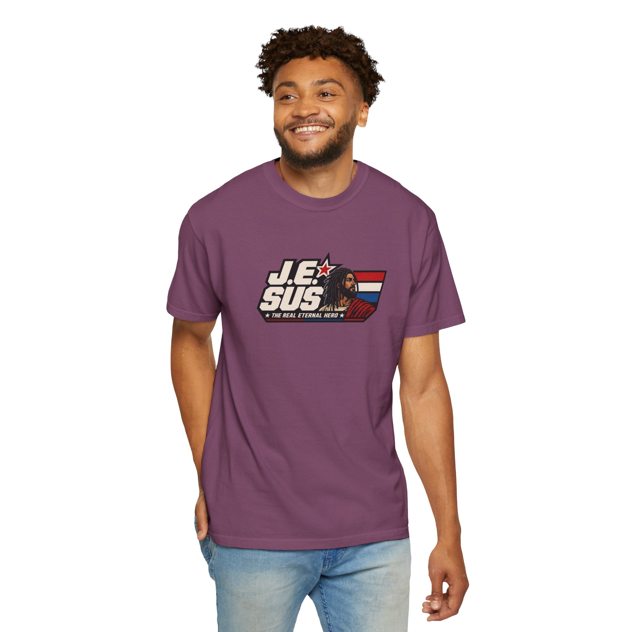 Jesus Retro Graphic T-Shirt — “J.E.SUS The Real Eternal Hero” Christian Vintage Tee