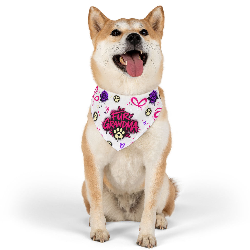 Pet Bandana Collar — “Fur Grandma” Paw Print Bandana Collar, Floral Pink & Purple Dog Scarf