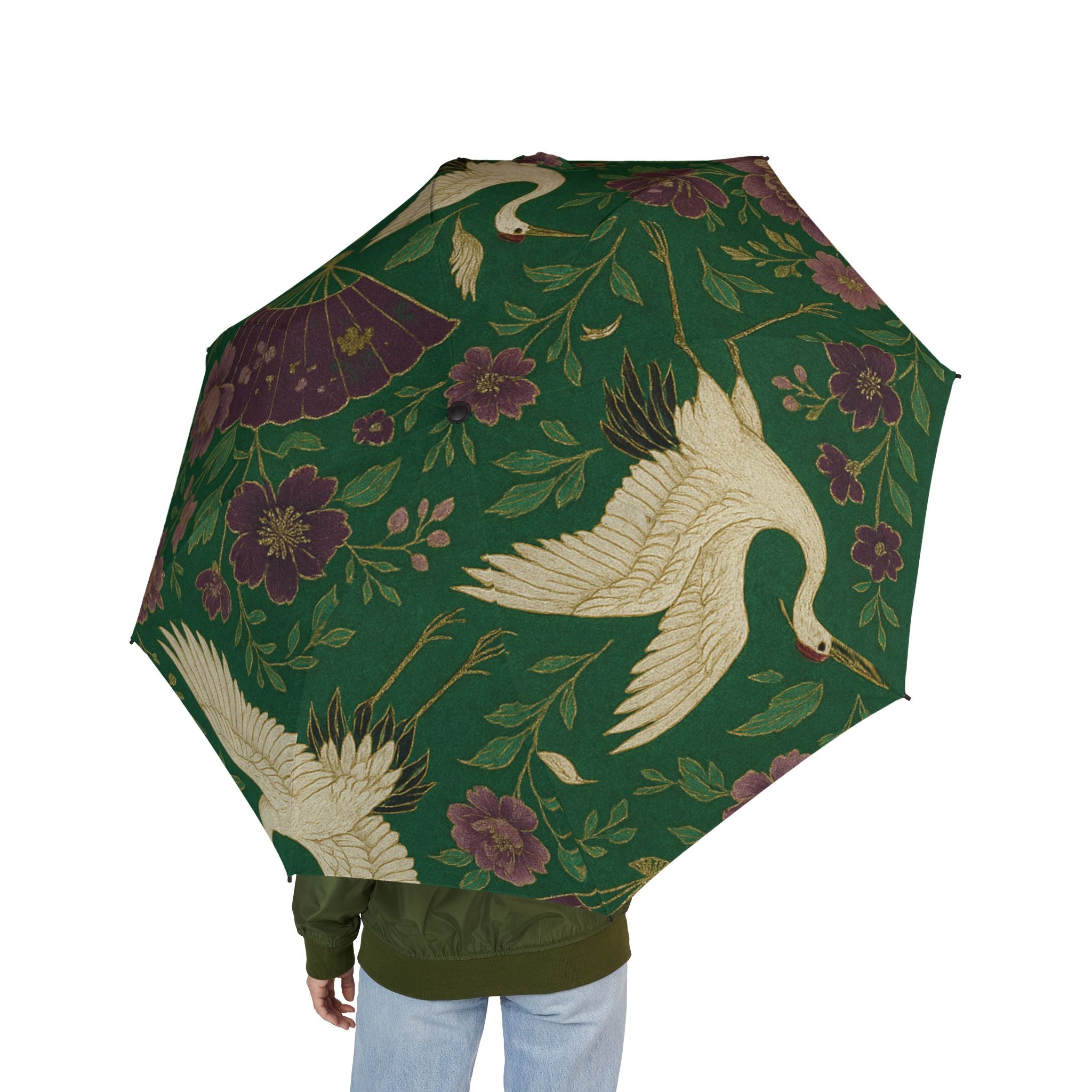 Foldable Umbrella — Vintage Crane & Floral Print, Compact Semi-Automatic Travel Umbrella
