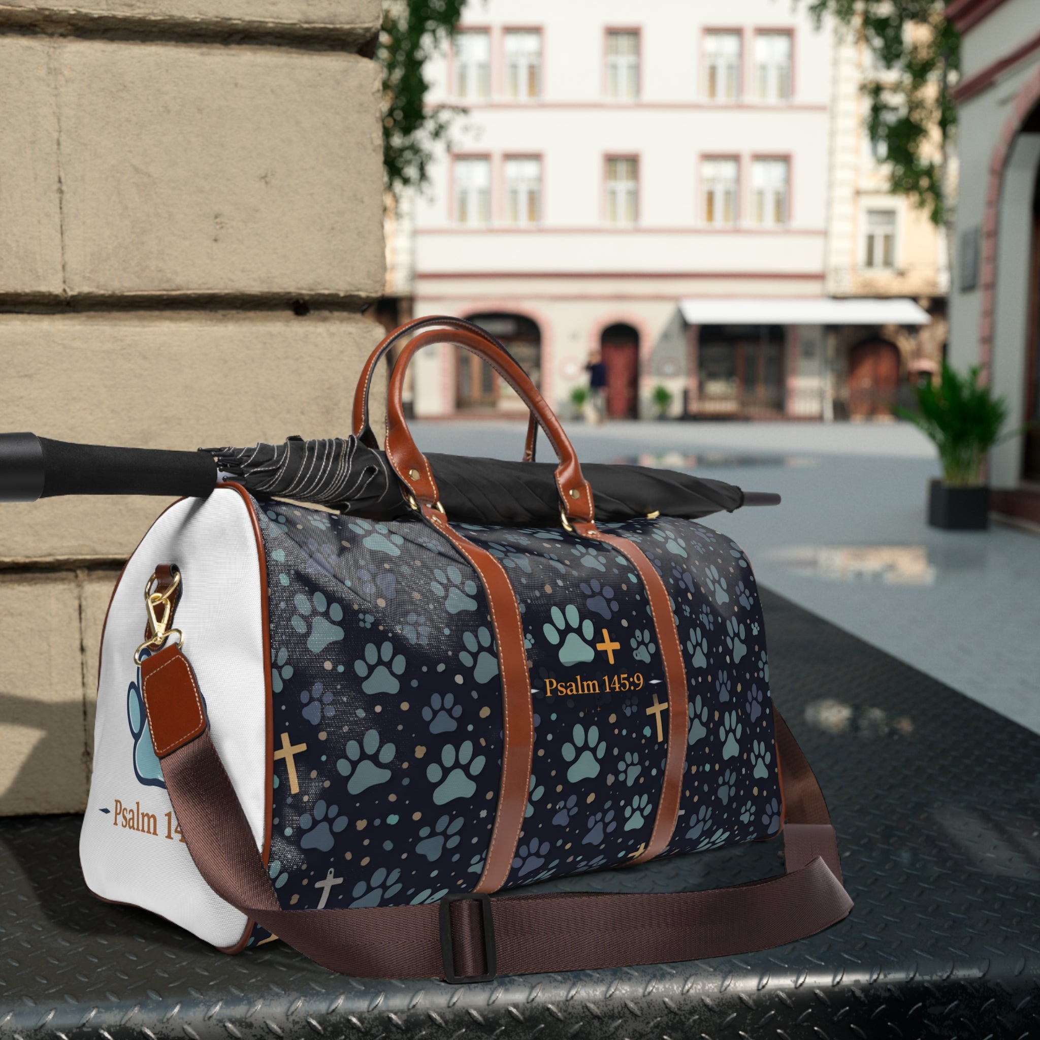 Christian Paw Print Travel Duffle — Psalm 145:9 Waterproof Weekender Bag