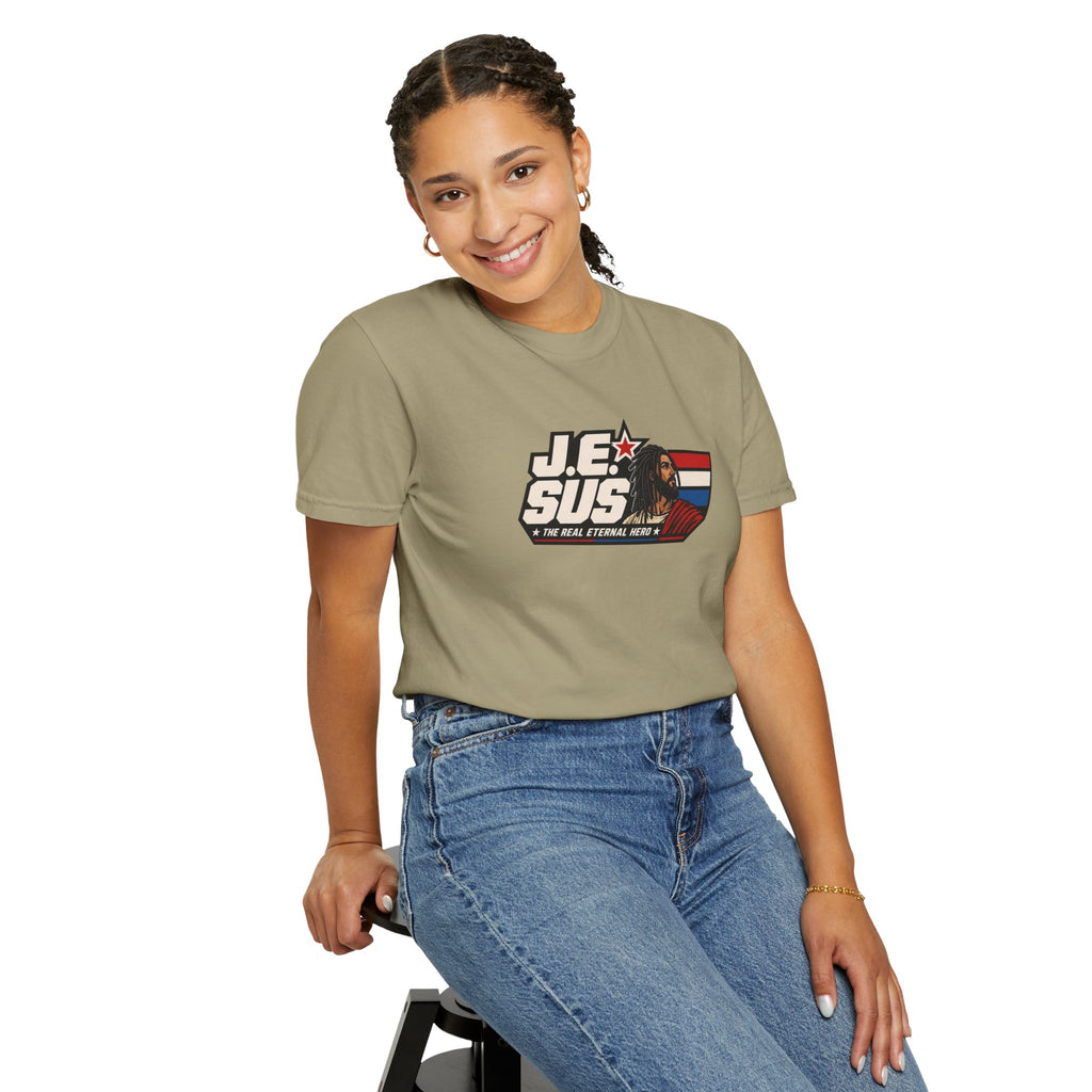Jesus Retro Graphic T-Shirt — “J.E.SUS The Real Eternal Hero” Christian Vintage Tee