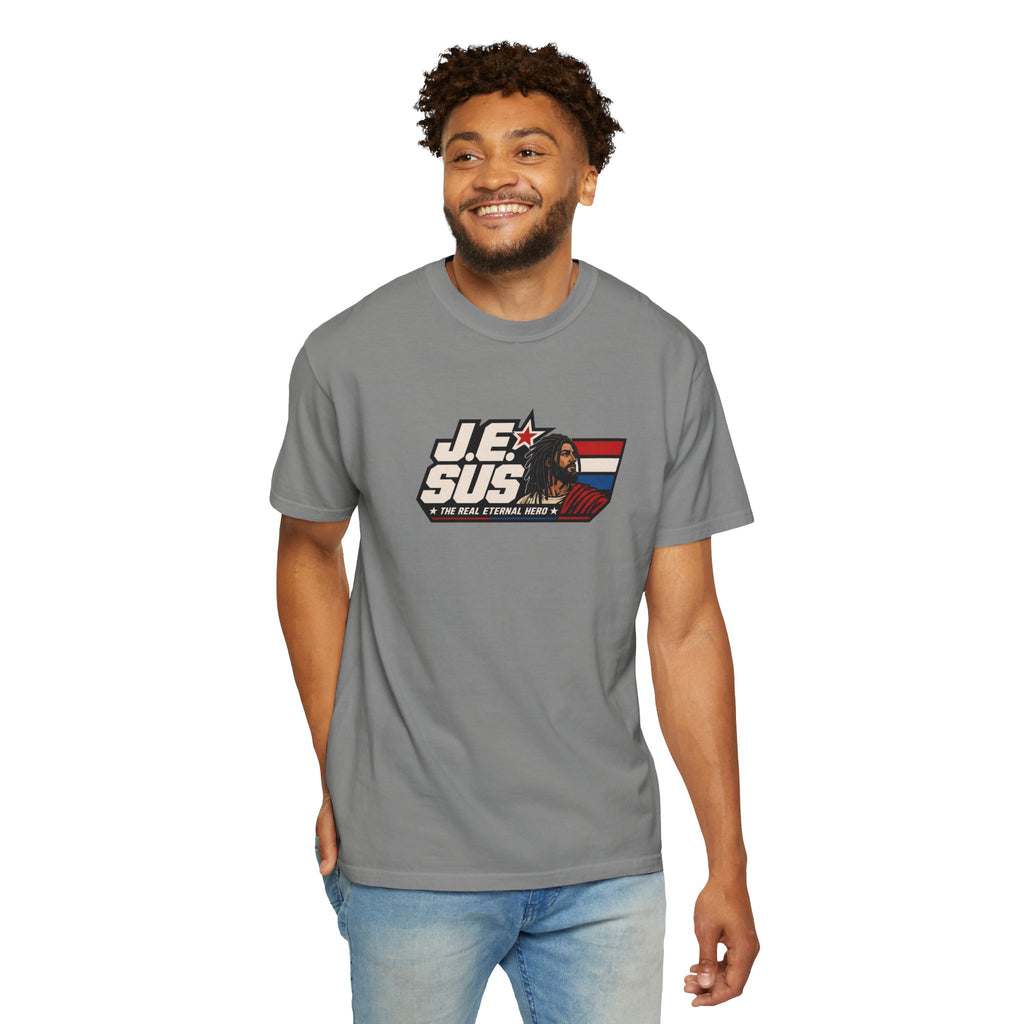 Jesus Retro Graphic T-Shirt — “J.E.SUS The Real Eternal Hero” Christian Vintage Tee