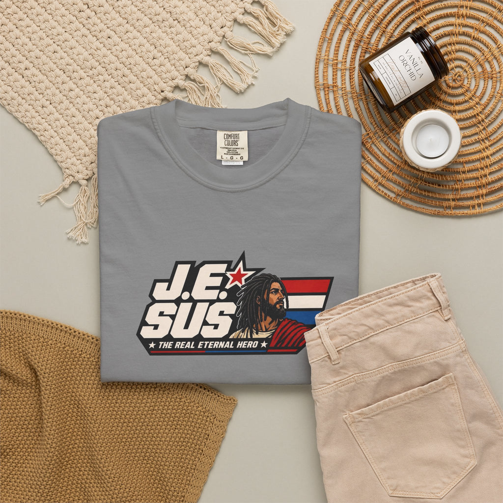 Jesus Retro Graphic T-Shirt — “J.E.SUS The Real Eternal Hero” Christian Vintage Tee