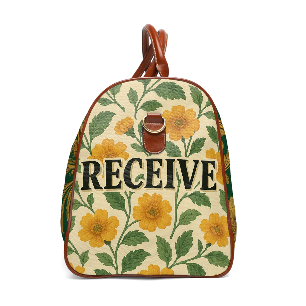 Green Baroque Waterproof Travel Bag — Elegant Floral Weekender Duffle