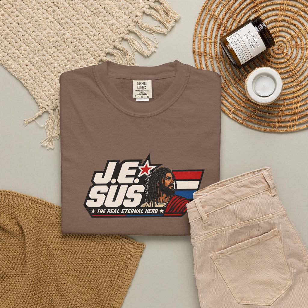 Jesus Retro Graphic T-Shirt — “J.E.SUS The Real Eternal Hero” Christian Vintage Tee