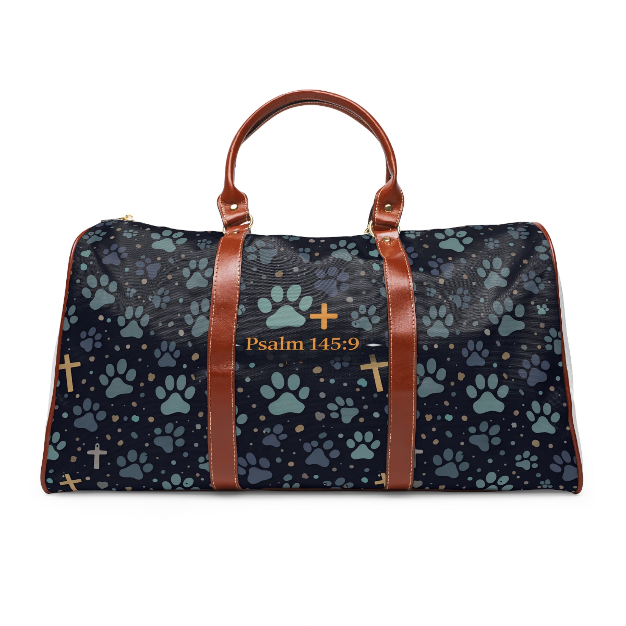 Christian Paw Print Travel Duffle — Psalm 145:9 Waterproof Weekender Bag