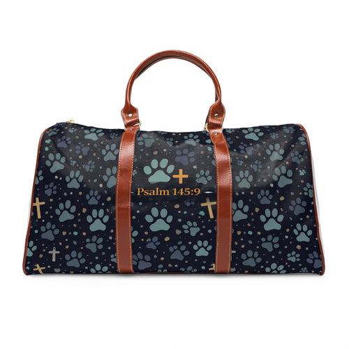 Christian Paw Print Waterproof Weekender Bag — Psalm 145:9 Faith & Fur Travel Duffel
