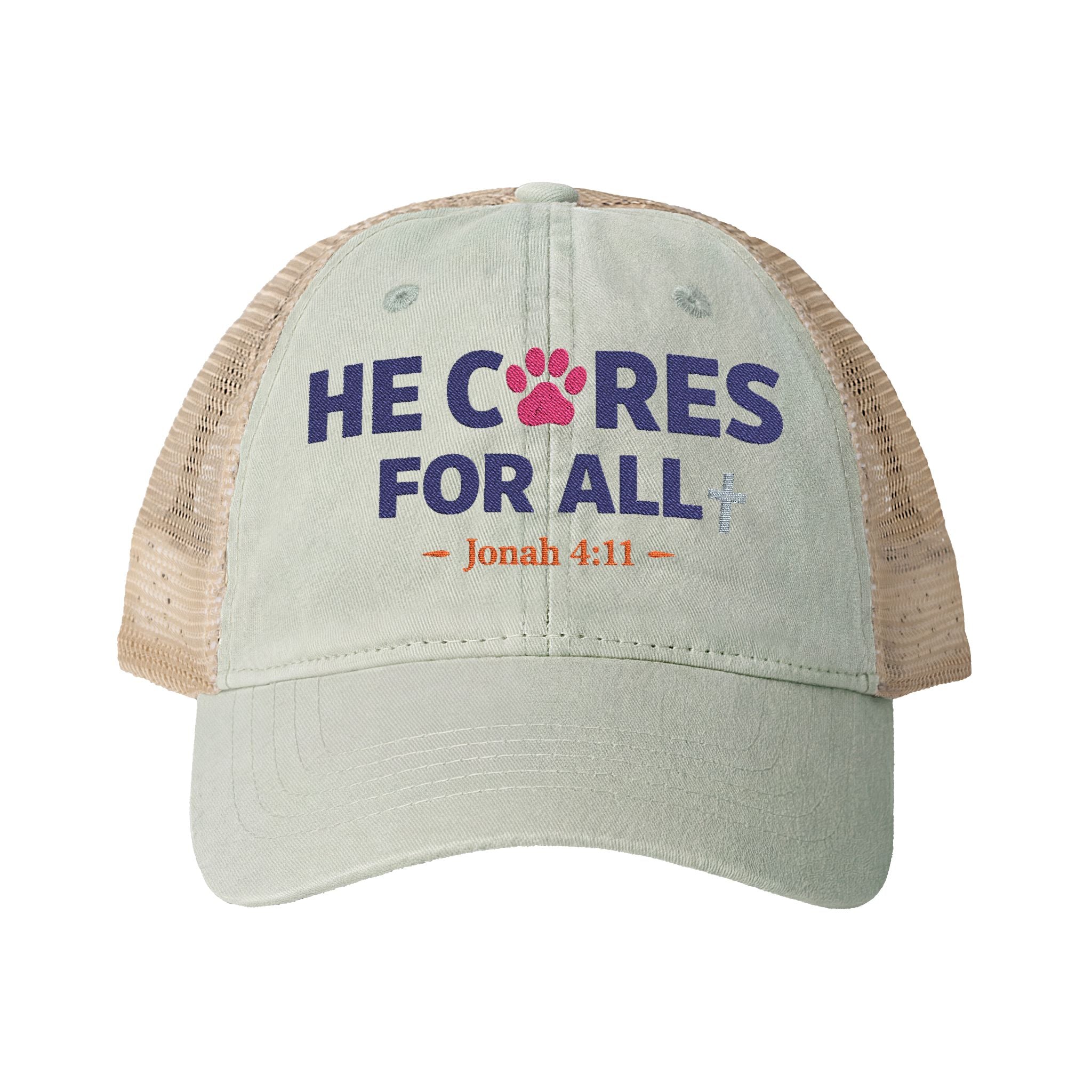 He Cares for All Scripture Paw Print Women's Washed Mesh-Back Cap