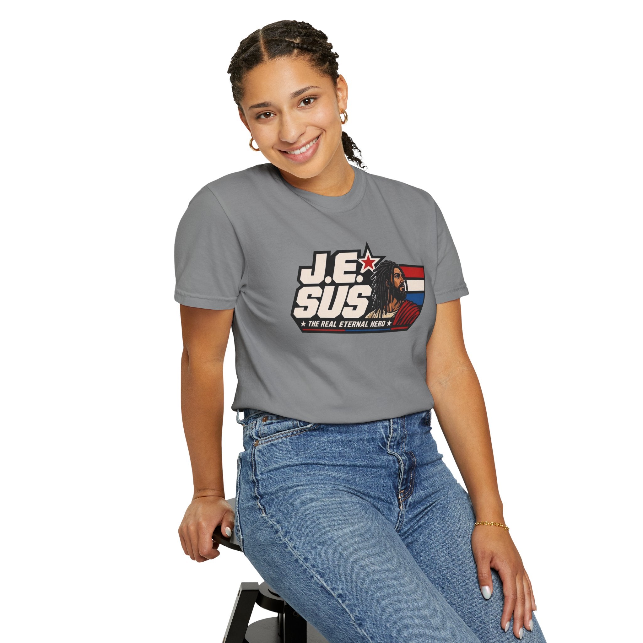 Jesus Retro Graphic T-Shirt — “J.E.SUS The Real Eternal Hero” Christian Vintage Tee
