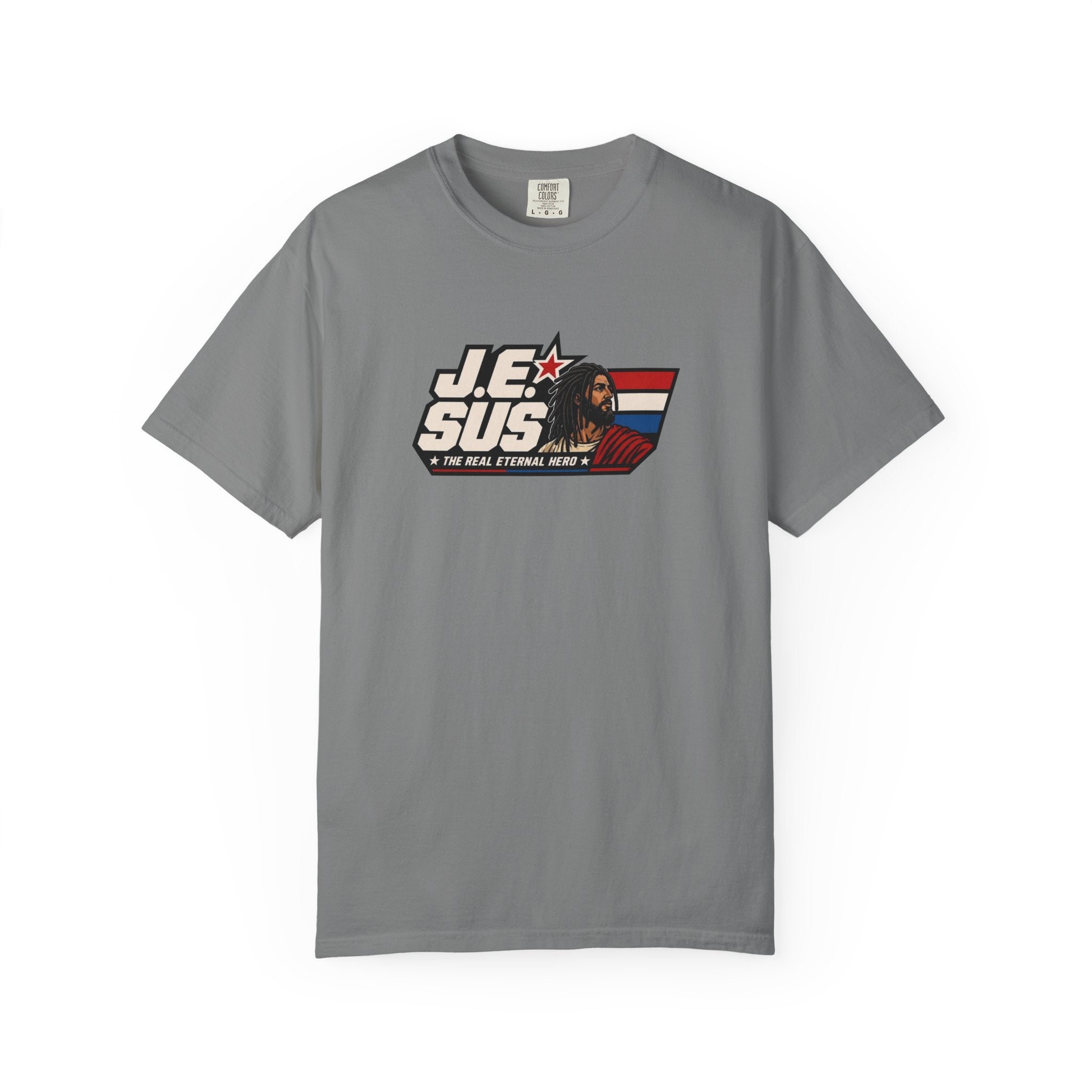 Jesus Retro Graphic T-Shirt — “J.E.SUS The Real Eternal Hero” Christian Vintage Tee