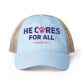 He cares for all, scripture paw print Women's Washed Mesh-Back Cap