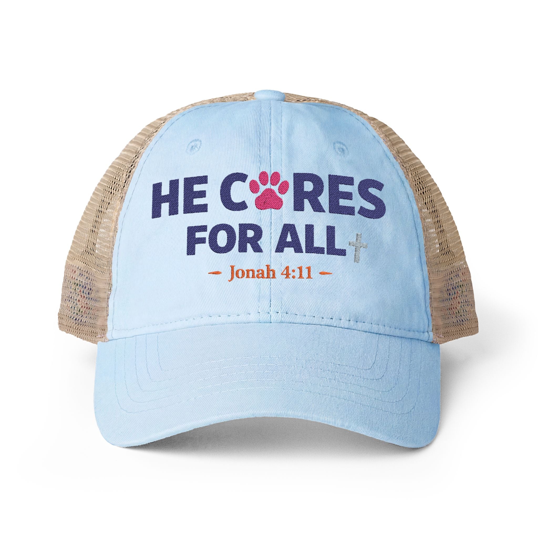He cares for all, scripture paw print Women's Washed Mesh-Back Cap