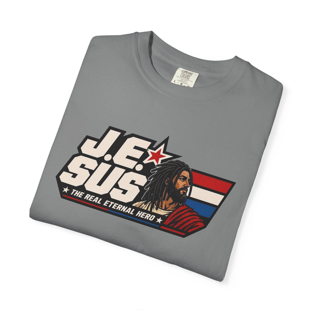 Jesus Retro Graphic T-Shirt — “J.E.SUS The Real Eternal Hero” Christian Vintage Tee