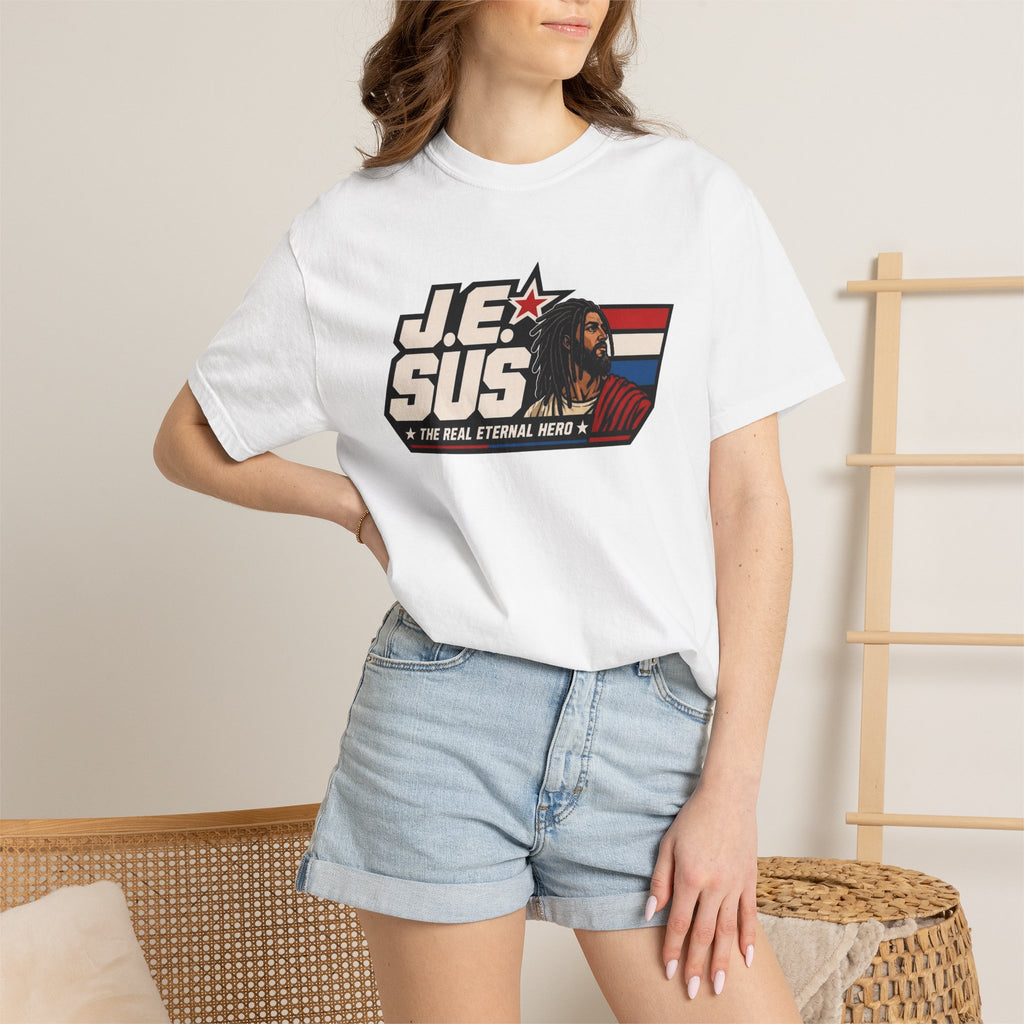 Jesus Retro Graphic T-Shirt — “J.E.SUS The Real Eternal Hero” Christian Vintage Tee