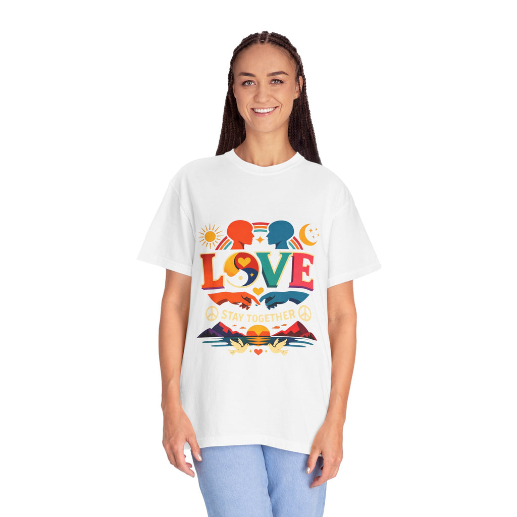 Love Together Retro Graphic T-Shirt — Colorful Peace & Unity Tee