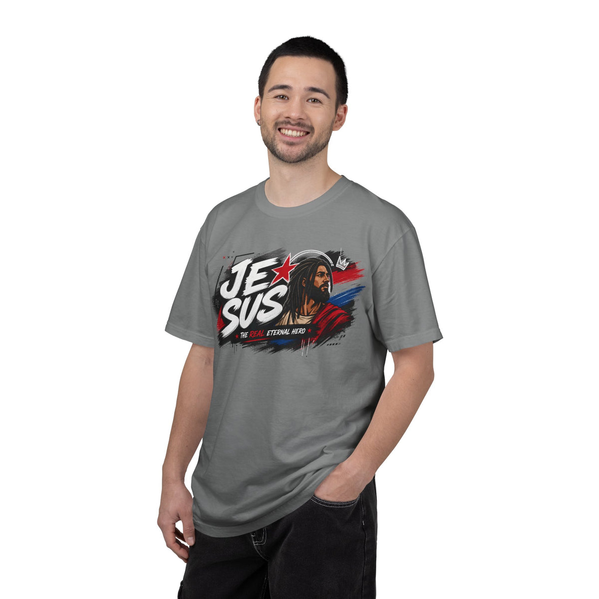 Jesus Retro Graphic T-Shirt — “J.E.SUS The Real Eternal Hero” Christian Vintage Tee