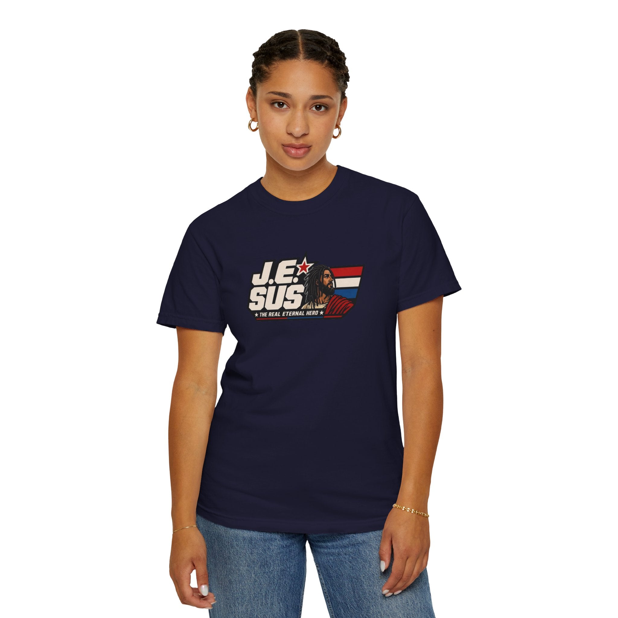 Jesus Retro Graphic T-Shirt — “J.E.SUS The Real Eternal Hero” Christian Vintage Tee
