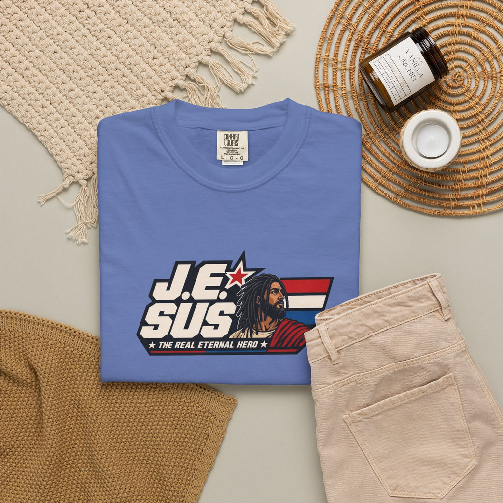 Jesus Retro Graphic T-Shirt — “J.E.SUS The Real Eternal Hero” Christian Vintage Tee