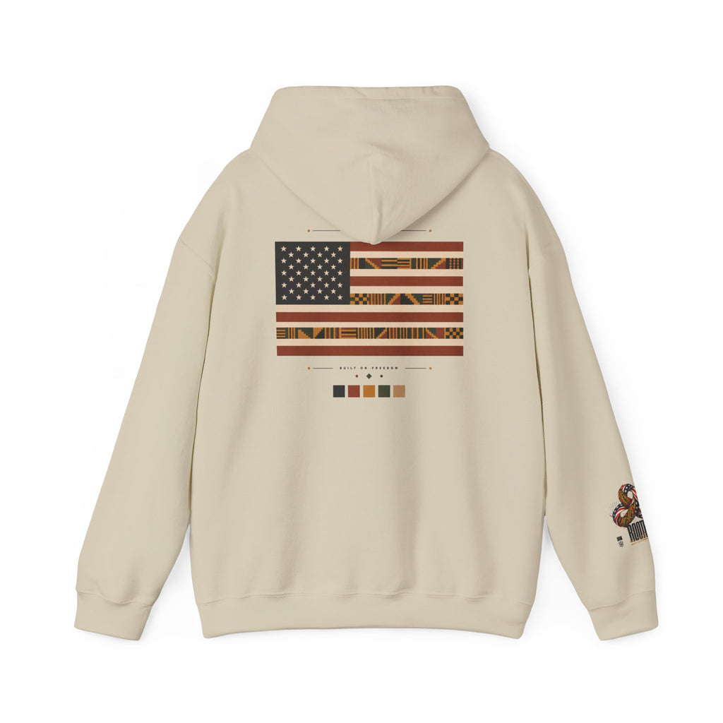 Black Graphic Hoodie — "Rooted in Culture" African Kente Inspired and USA pattern Pullover