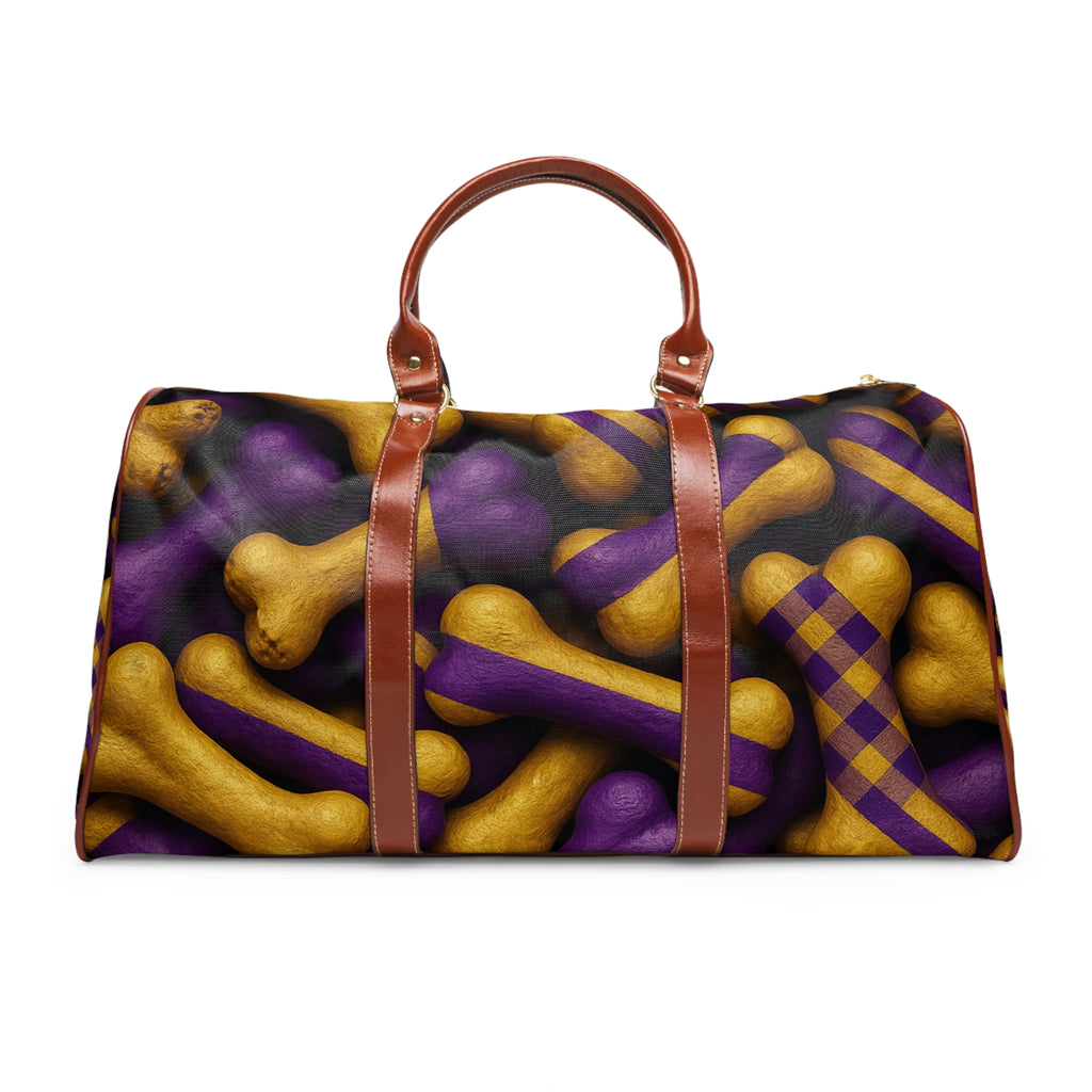 Waterproof Travel Bag — Festive Purple & Gold Bone Pattern Duffle