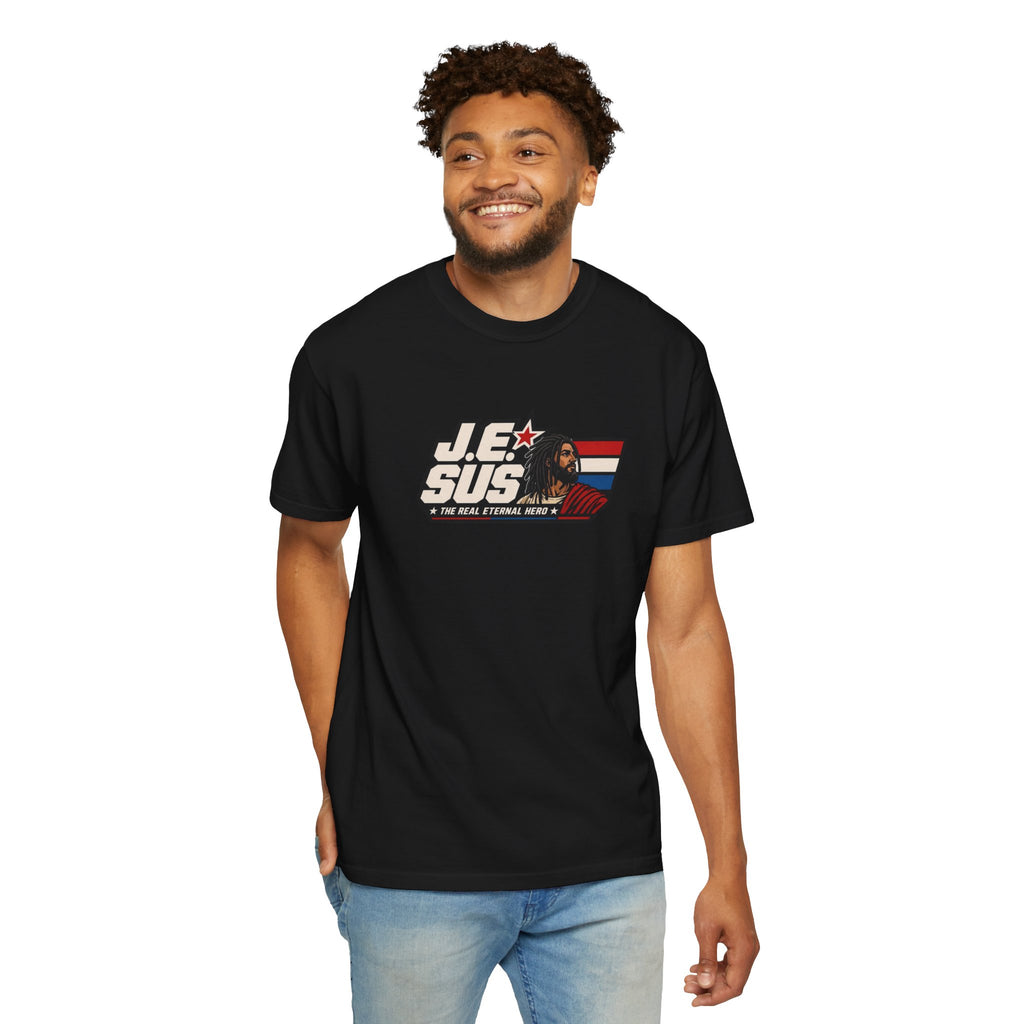 Jesus Retro Graphic T-Shirt — “J.E.SUS The Real Eternal Hero” Christian Vintage Tee