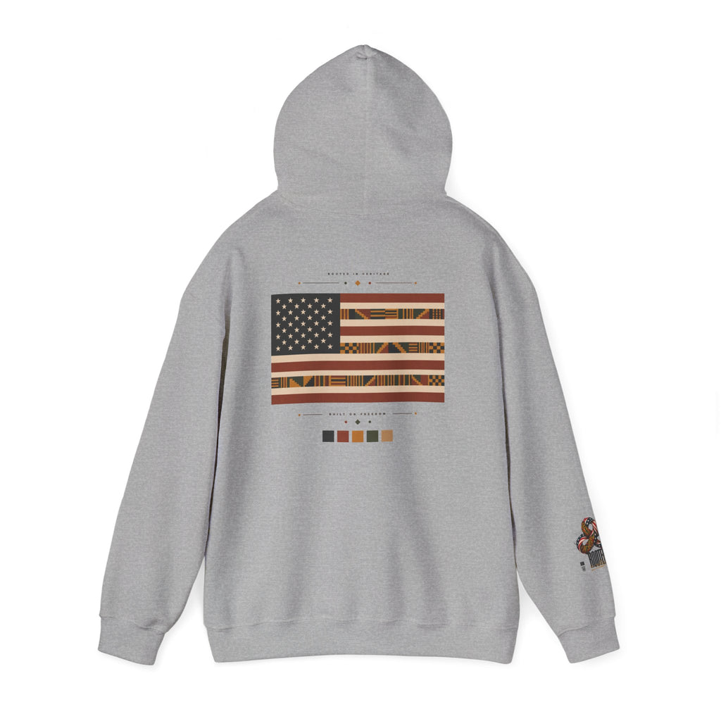 Black Graphic Hoodie — "Rooted in Culture" African Kente Inspired and USA pattern Pullover