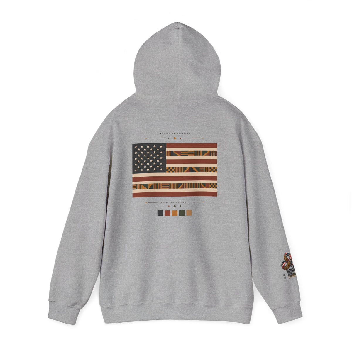 Black Graphic Hoodie — "Rooted in Culture" African Kente Inspired and USA pattern Pullover