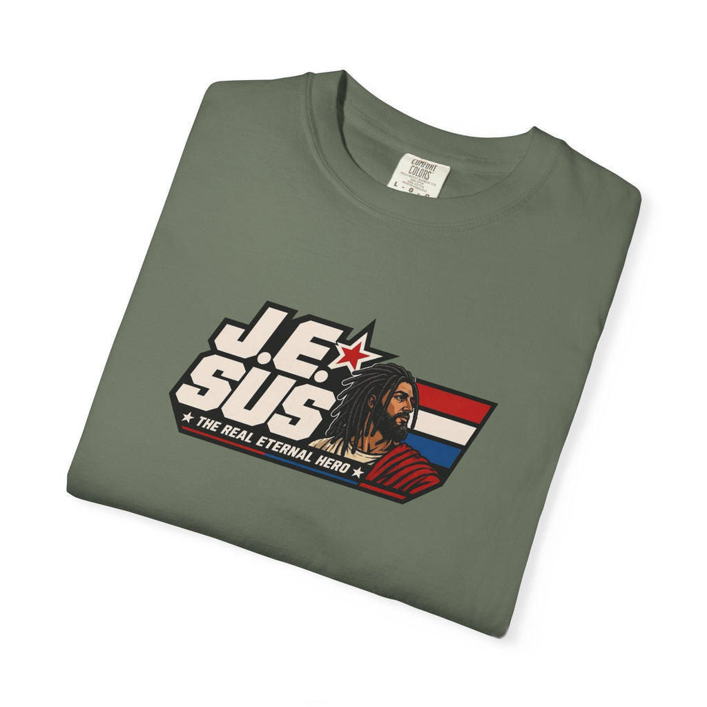 Jesus Retro Graphic T-Shirt — “J.E.SUS The Real Eternal Hero” Christian Vintage Tee