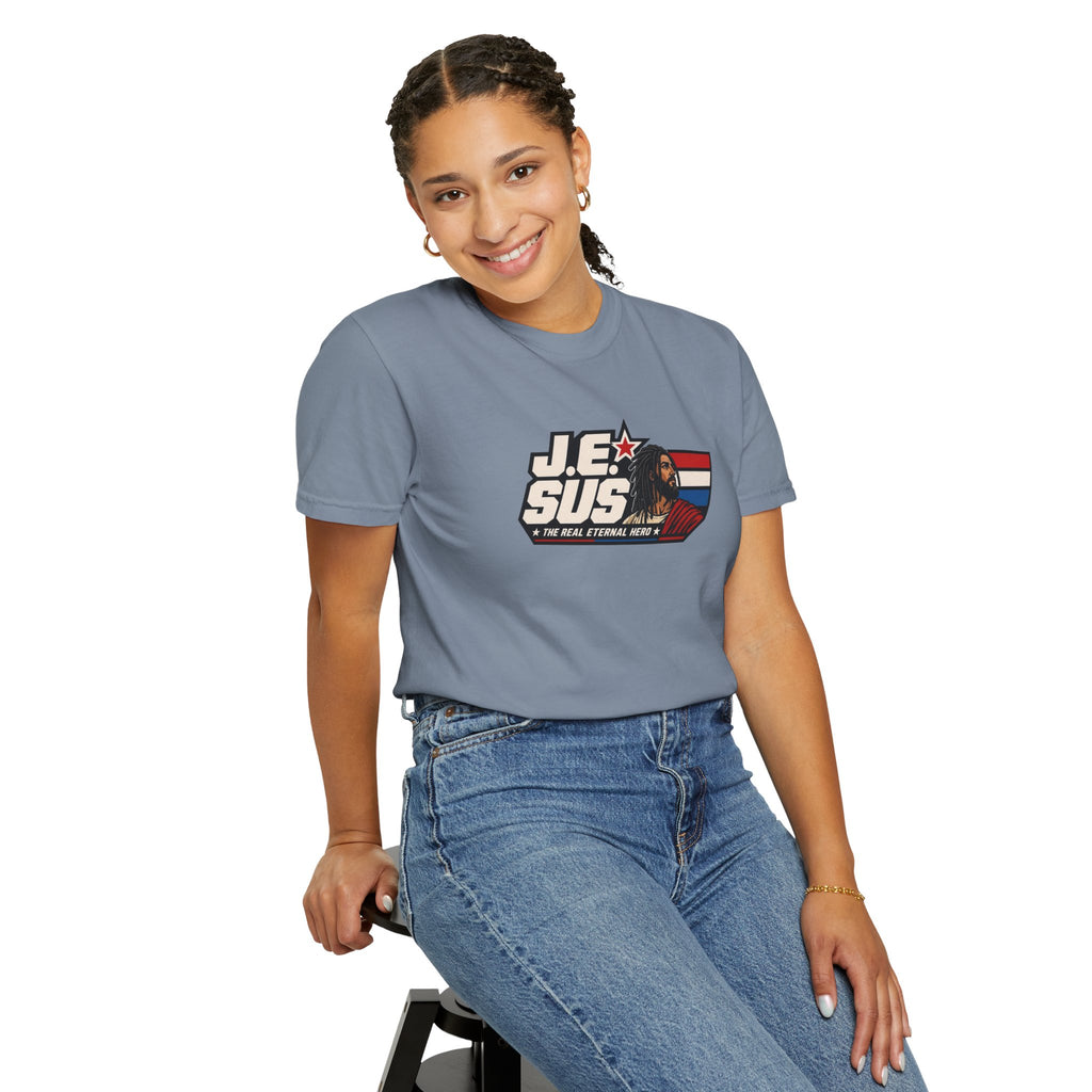Jesus Retro Graphic T-Shirt — “J.E.SUS The Real Eternal Hero” Christian Vintage Tee