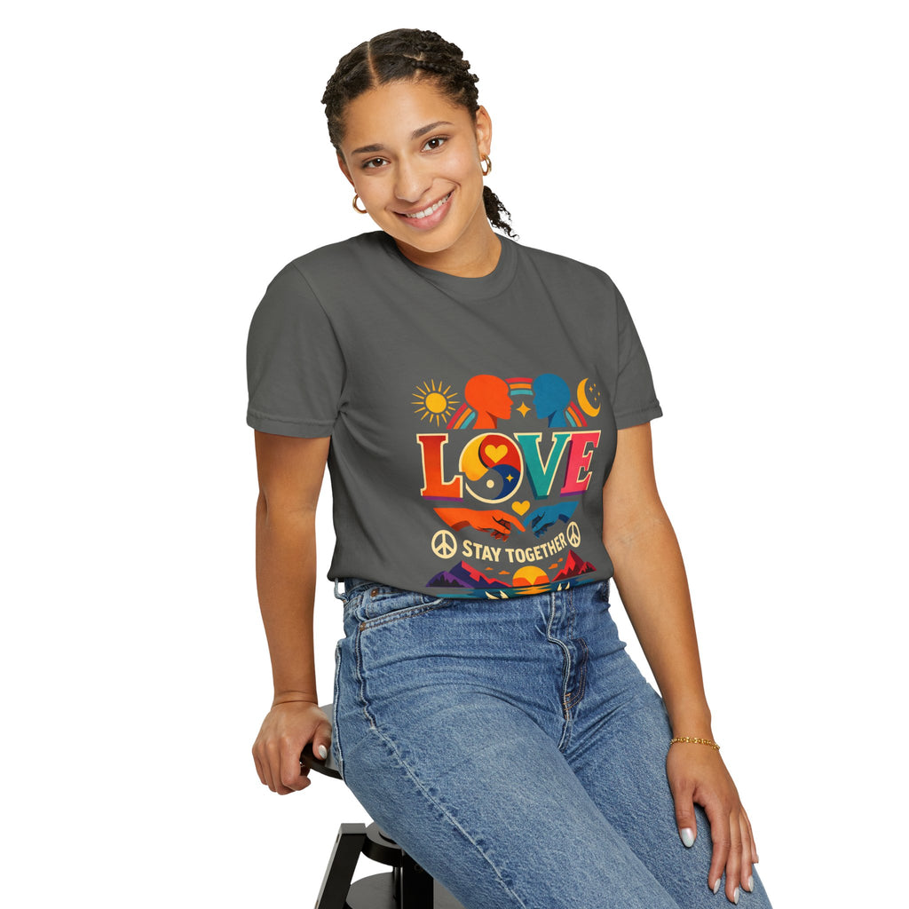 Love Together Retro Graphic T-Shirt — Colorful Peace & Unity Tee