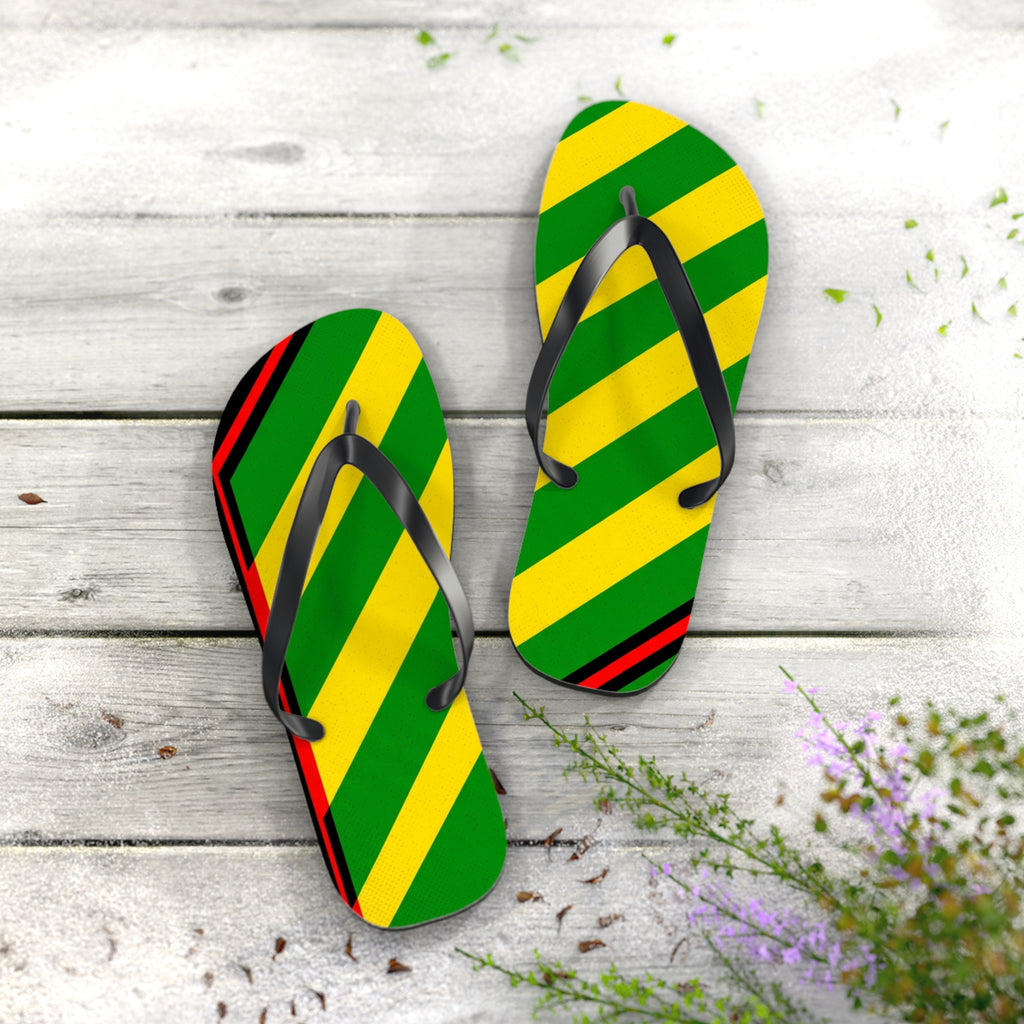 Jamaican Stripe Flip Flops – Green, Yellow & Black Beach Sandals