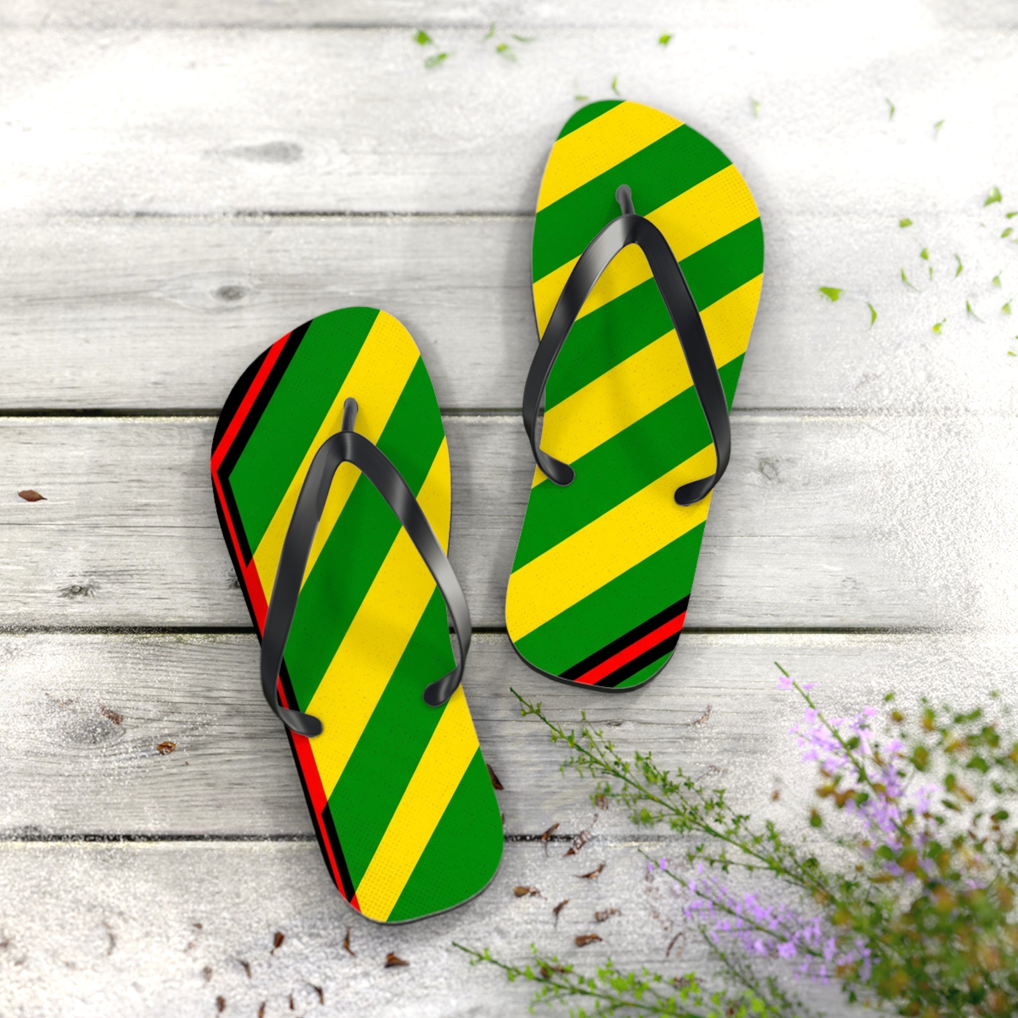 Jamaican Stripe Flip Flops – Green, Yellow & Black Beach Sandals