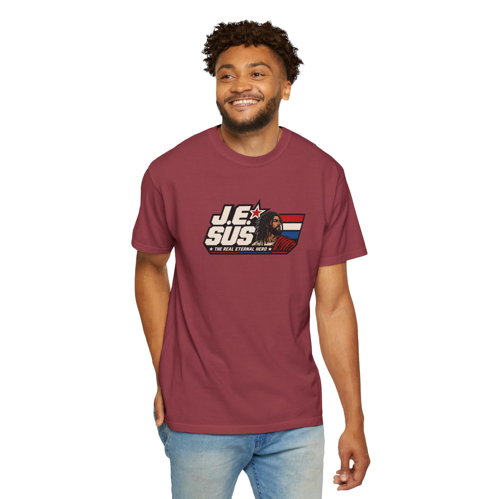 Jesus Retro Graphic T-Shirt — “J.E.SUS The Real Eternal Hero” Christian Vintage Tee