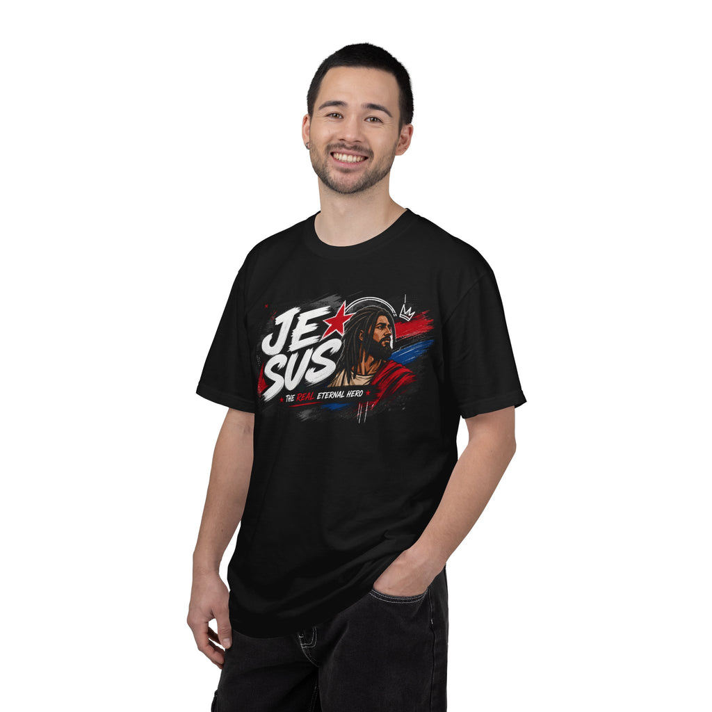 Jesus Retro Graphic T-Shirt — “J.E.SUS The Real Eternal Hero” Christian Vintage Tee