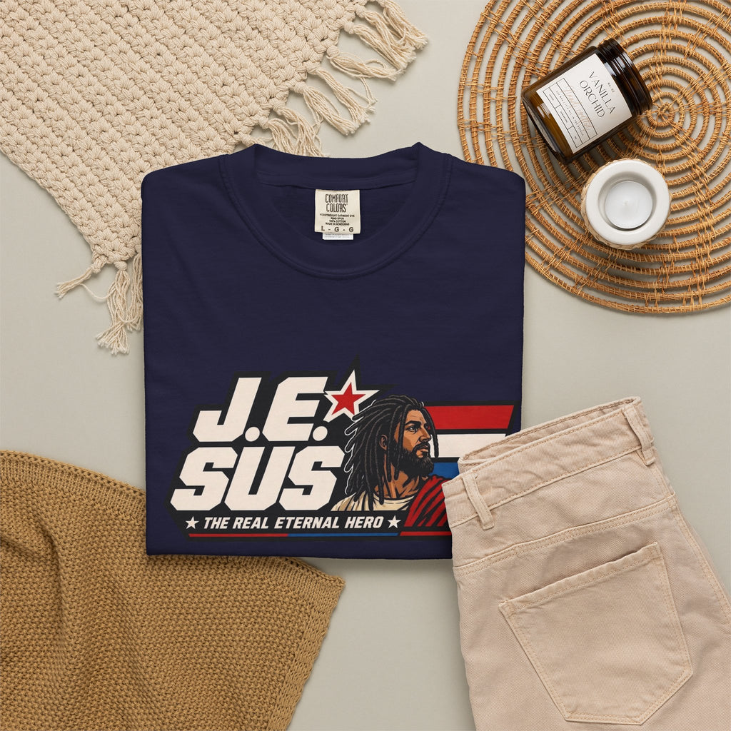 Jesus Retro Graphic T-Shirt — “J.E.SUS The Real Eternal Hero” Christian Vintage Tee
