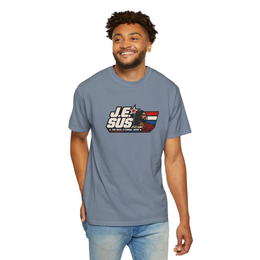 Jesus Retro Graphic T-Shirt — “J.E.SUS The Real Eternal Hero” Christian Vintage Tee
