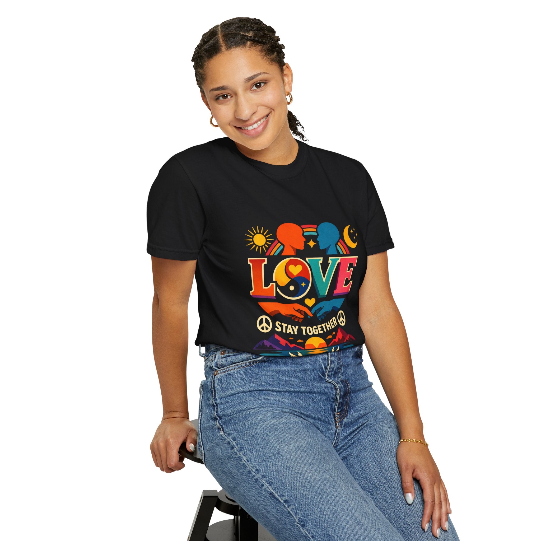 Love Together Retro Graphic T-Shirt — Colorful Peace & Unity Tee