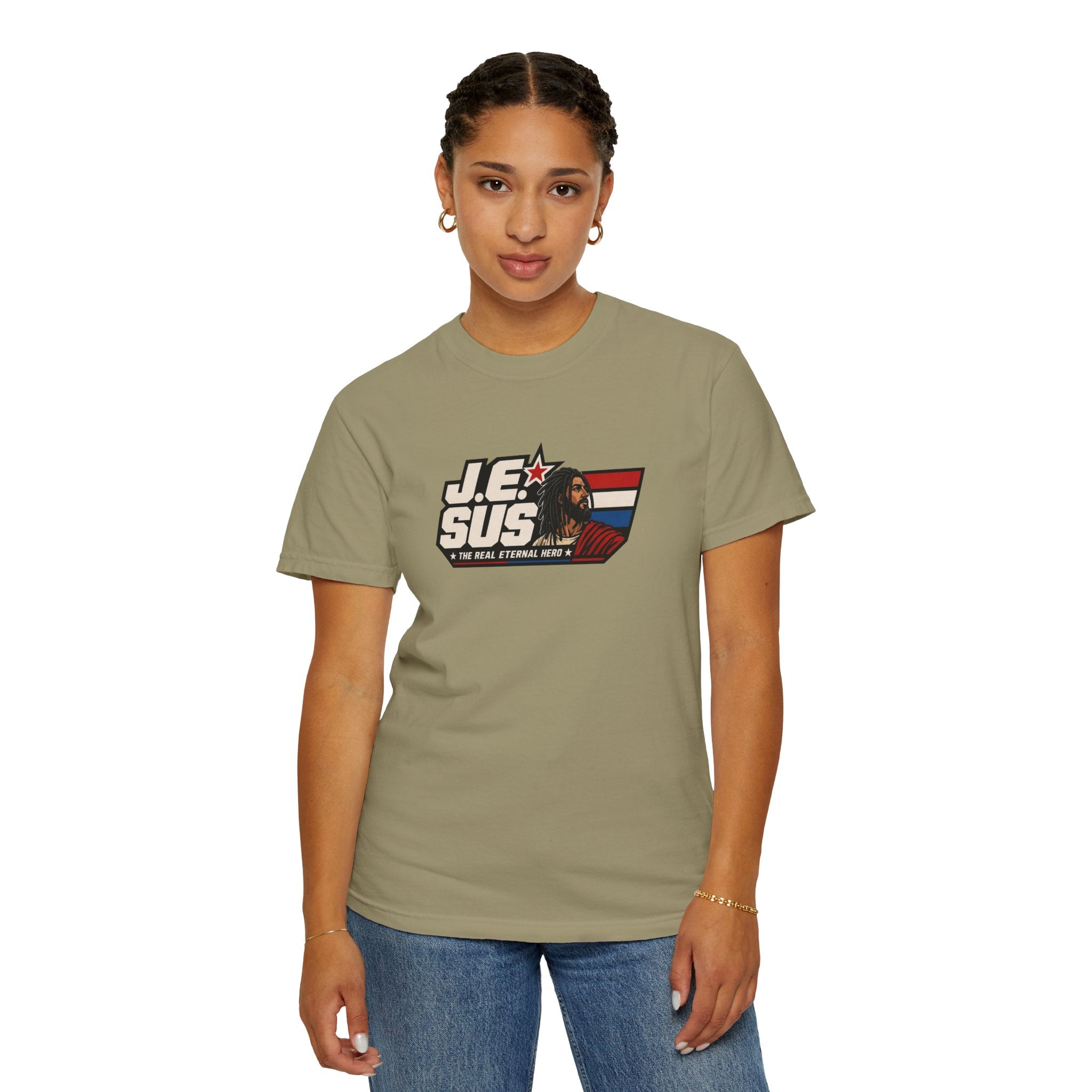 Jesus Retro Graphic T-Shirt — “J.E.SUS The Real Eternal Hero” Christian Vintage Tee